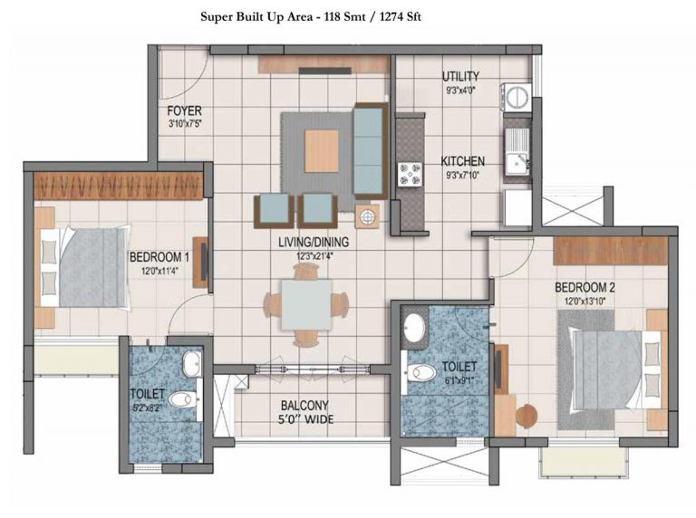 2 BHK – 1274 – Prestige Dolce Vita