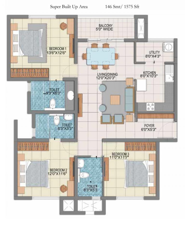 3 BHK – 1575 – Prestige Fontaine Bleau