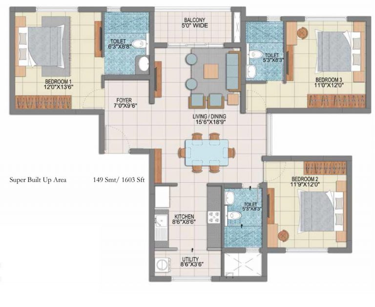 3 BHK – 1603 – Prestige Fontaine Bleau