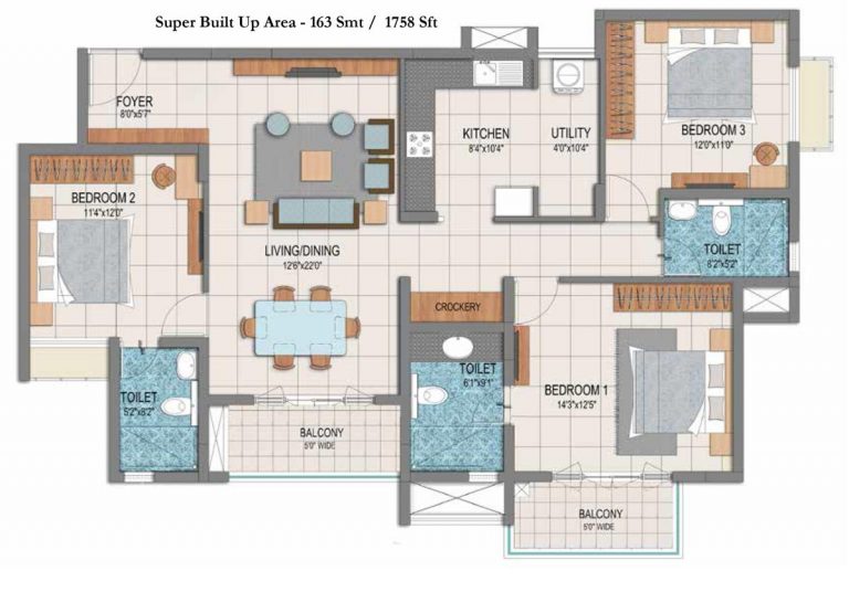 3 BHK – 1758 – Prestige Dolce Vita