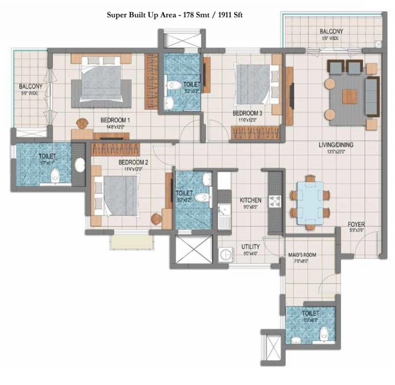 3 BHK Large – 1911 – Prestige Dolce Vita