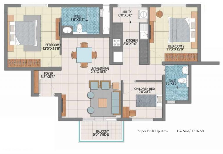 3 BHK Small – 1356 – Prestige Fontaine Bleau