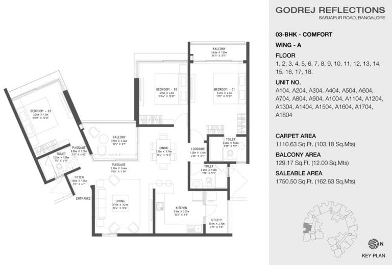 3 BHK Comfort – 1750 A (1 to 18) – Godrej Reflections