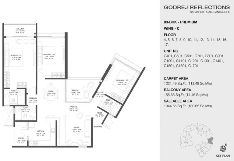 3 BHK Premium – 1944 C (4 to 17) – Godrej Reflections