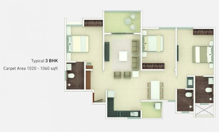 3 BHK – 1020-1060 – Rohan Upavan