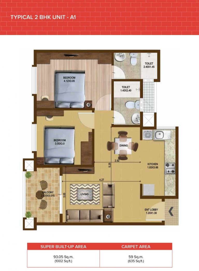 Brigade Bricklane 2 BHK Floor Plan Type 1