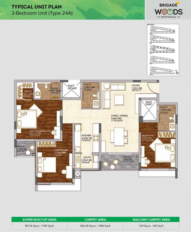Brigade Woods Floor Plans 3 BHK Type 1