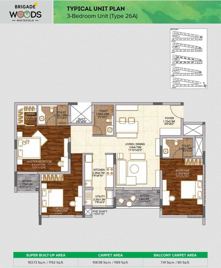 Brigade Woods Floor Plans 3 BHK Type 2