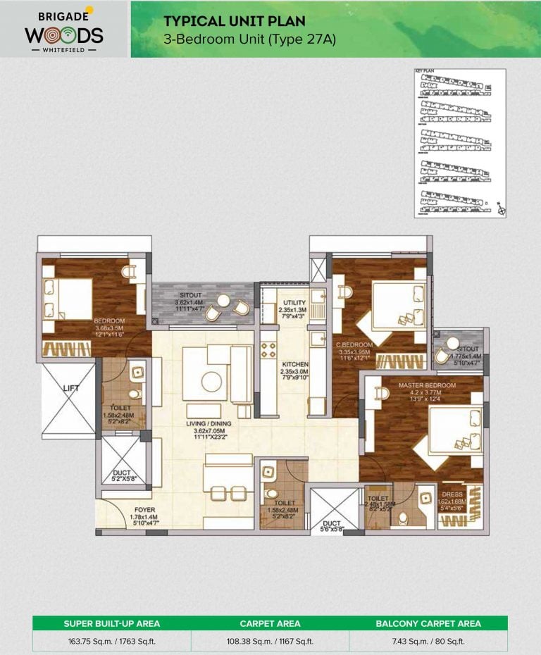 Brigade Woods Floor Plans 3 BHK Type 3