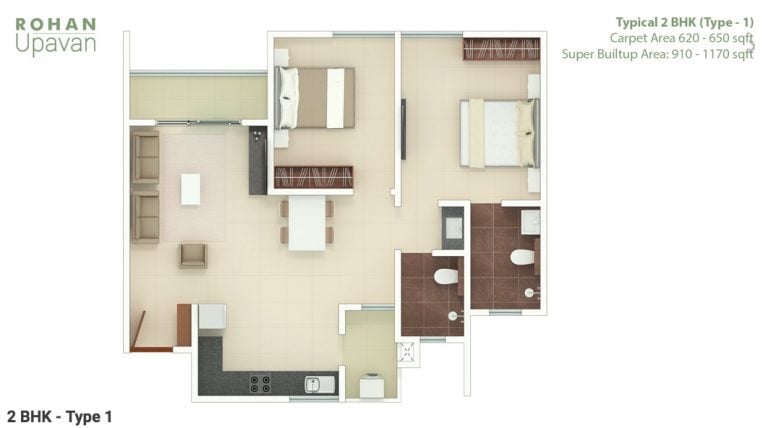 Rohan Upavan Floor Plan 2 BHK
