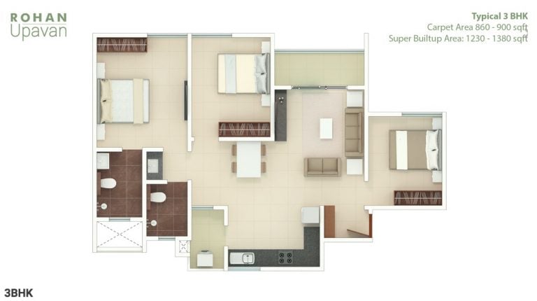Rohan Upavan Floor Plans 3 BHK
