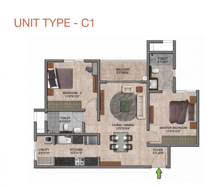 Prestige Jindal City Floor Plan 2 BHK Type C1