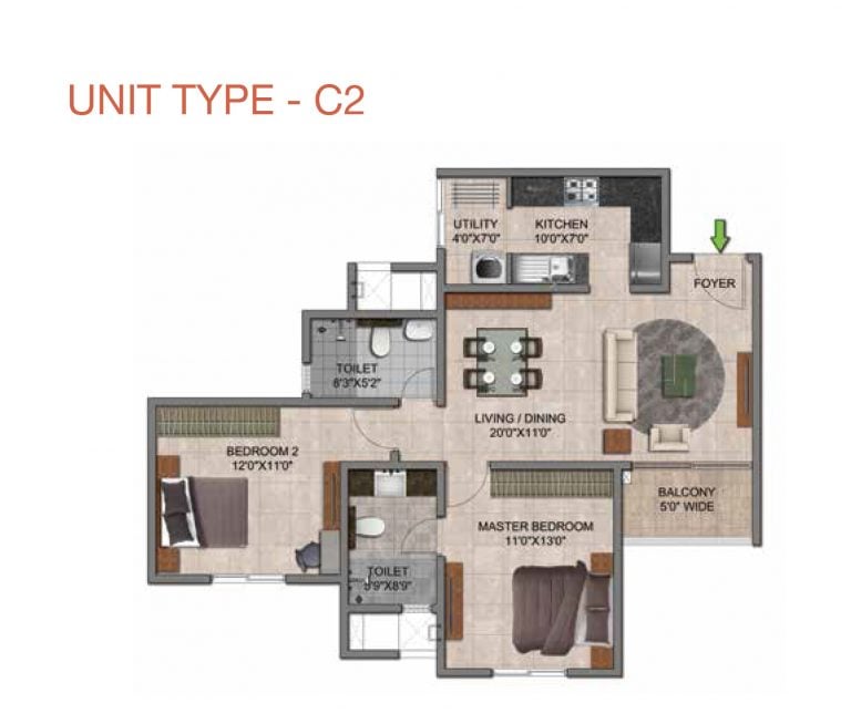 Prestige Jindal City Floor Plan 2 BHK Type C2