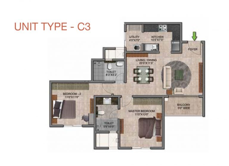 Prestige Jindal City Floor Plan 2 BHK Type C3