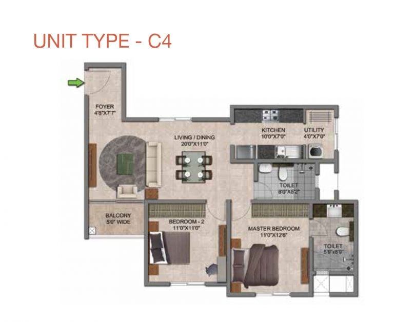 Prestige Jindal City Floor Plan 2 BHK Type C4
