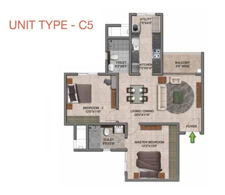 Prestige Jindal City Floor Plan 2 BHK Type C5
