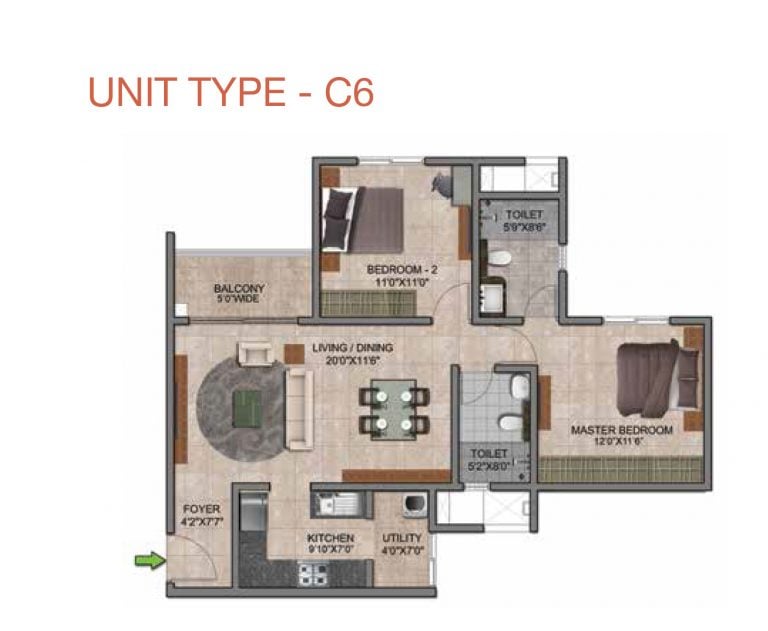 Prestige Jindal City Floor Plan 2 BHK Type C6