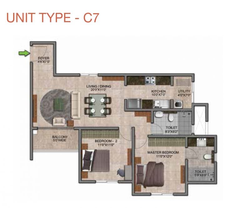 Prestige Jindal City Floor Plan 2 BHK Type C7