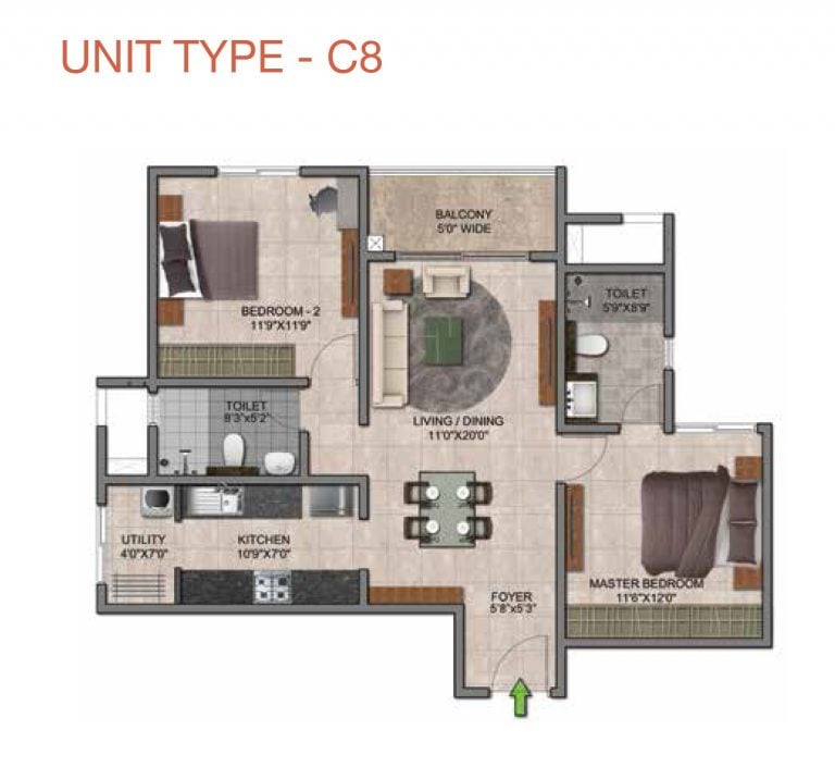 Prestige Jindal City Floor Plan 2 BHK Type C8