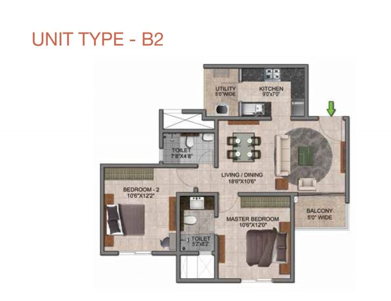Prestige Jindal City Floor Plan 2 BHK Type1