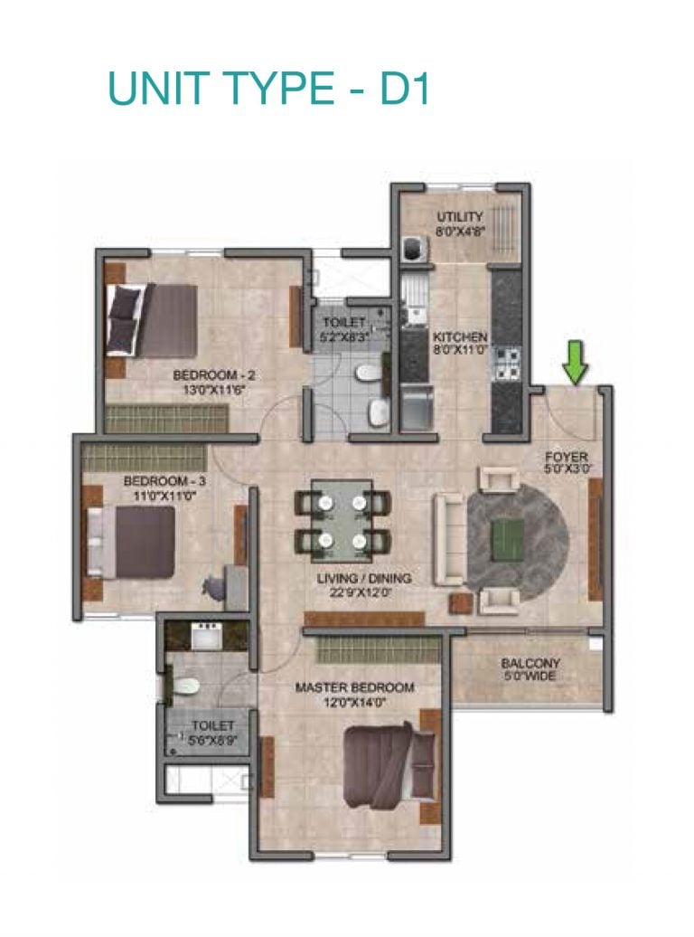 Prestige Jindal City Floor Plan 3 BHK Type D1