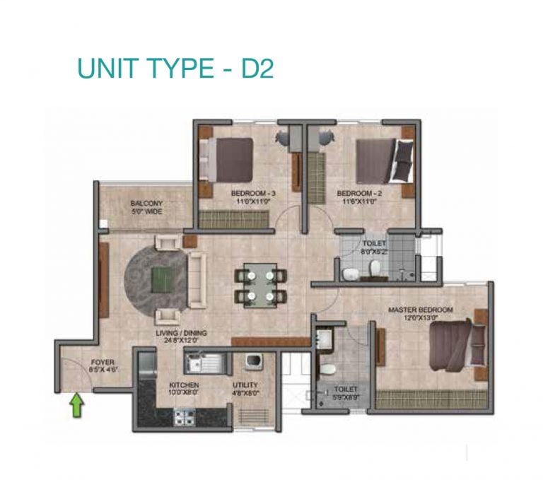Prestige Jindal City Floor Plan 3 BHK Type D2