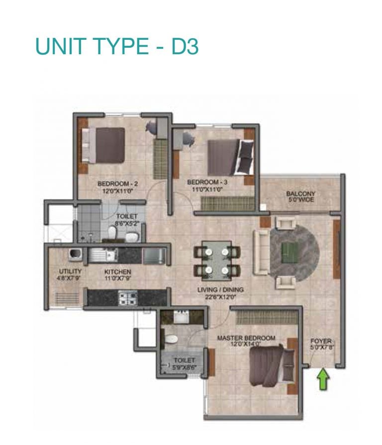 Prestige Jindal City Floor Plan 3 BHK Type D3