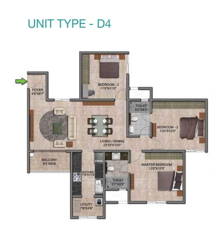 Prestige Jindal City Floor Plan 3 BHK Type D4