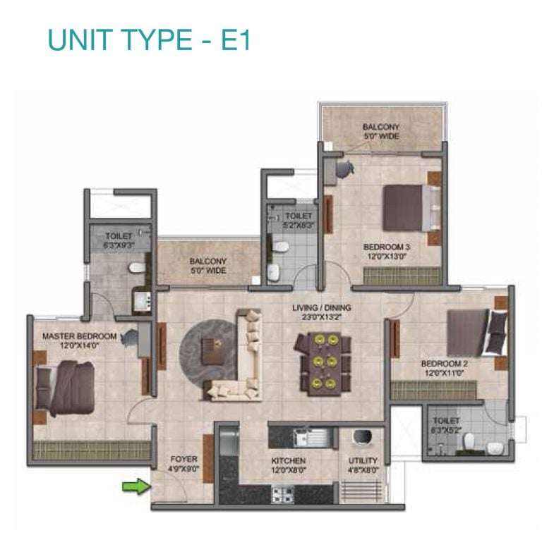 Prestige Jindal City Floor Plan 3 BHK Type E1