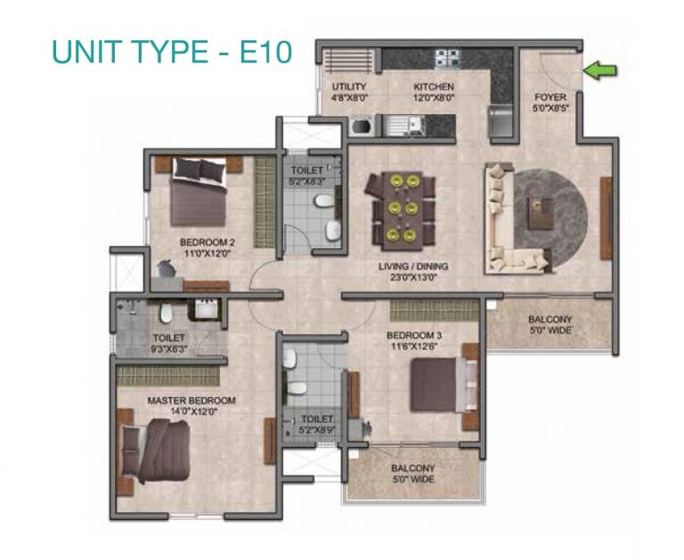 Prestige Jindal City Floor Plan 3 BHK Type E10