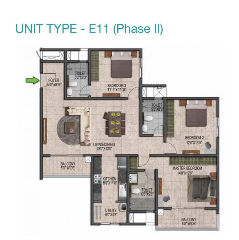 Prestige Jindal City Floor Plan 3 BHK Type E11 Phase II