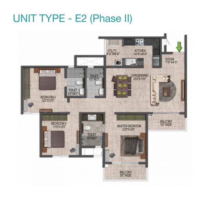 Prestige Jindal City Floor Plan 3 BHK Type E2 Phase II