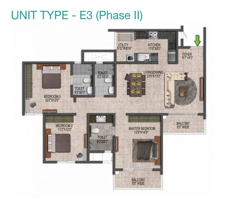 Prestige Jindal City Floor Plan 3 BHK Type E3 Phase II