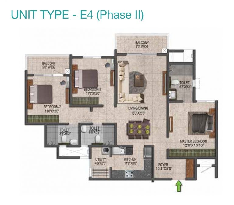 Prestige Jindal City Floor Plan 3 BHK Type E4 Phase II