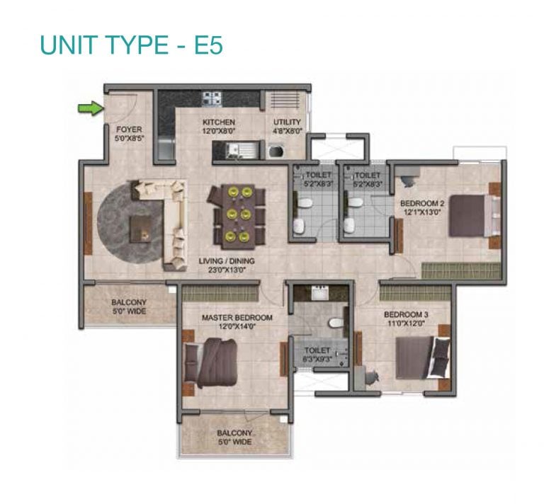 Prestige Jindal City Floor Plan 3 BHK Type E5