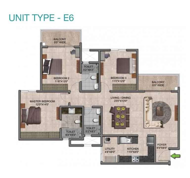Prestige Jindal City Floor Plan 3 BHK Type E6