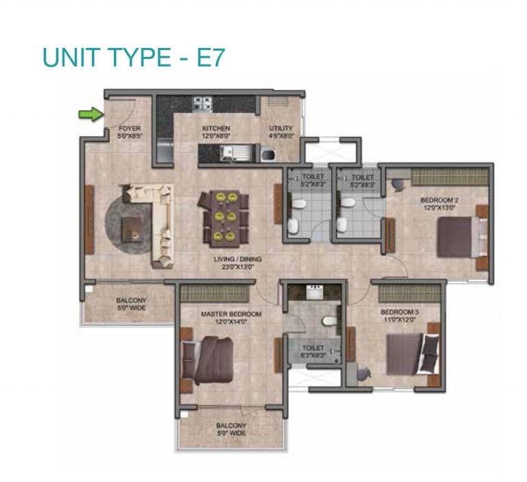 Prestige Jindal City Floor Plan 3 BHK Type E7