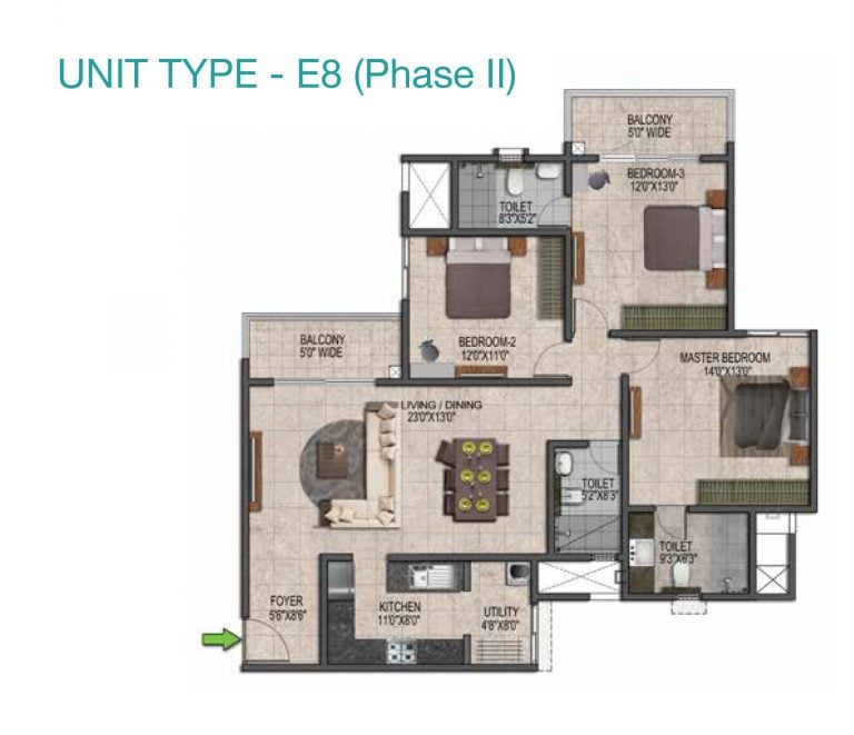 Prestige Jindal City Floor Plan 3 BHK Type E8 Phase II