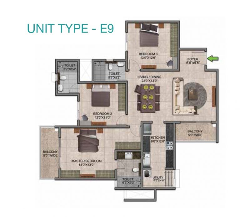 Prestige Jindal City Floor Plan 3 BHK Type E9
