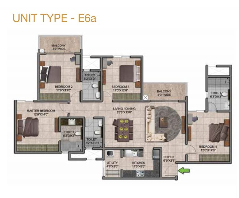 Prestige Jindal City Floor Plan 4 BHK Type E6a