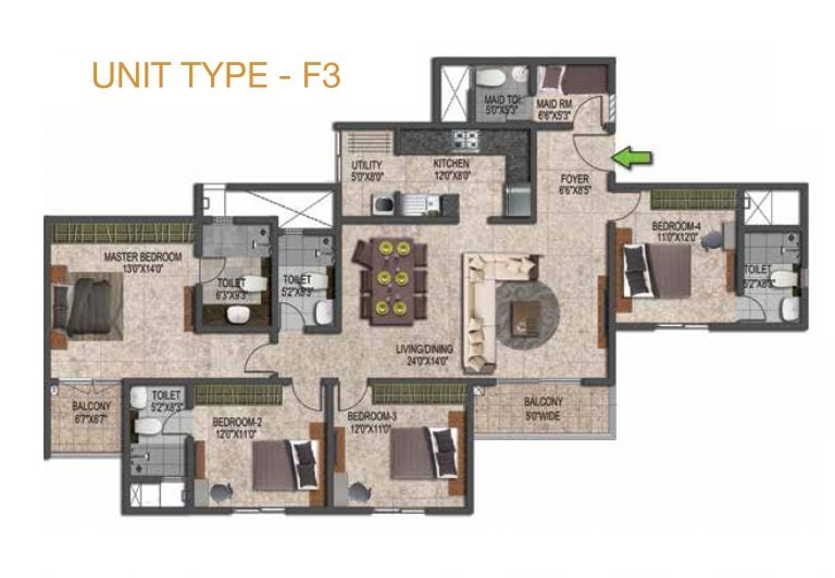 Prestige Jindal City Floor Plan 4 BHK Type F3
