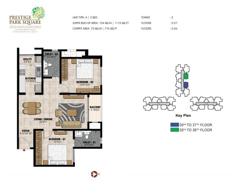 Prestige Park Square Floor Plan 2 BHK