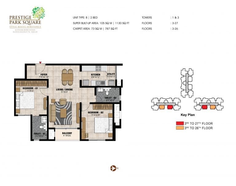 Prestige Park Square Floor Plan 2 BHK Type B
