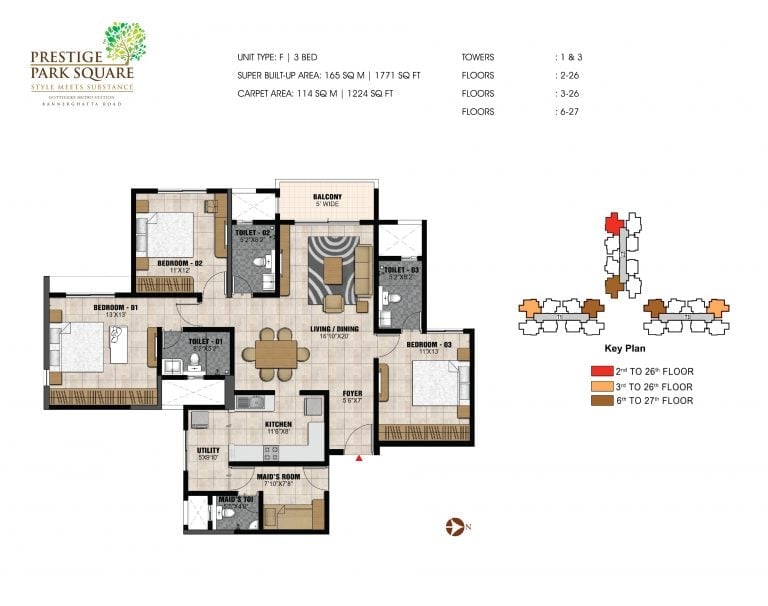 Prestige Park Square Floor Plan 3 BHK Maid Type F