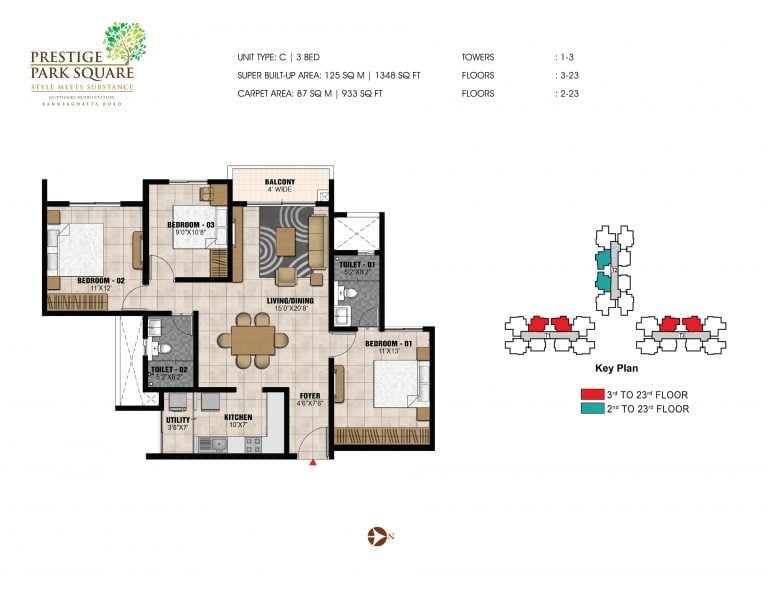 Prestige Park Square Floor Plan 3 BHK Type C