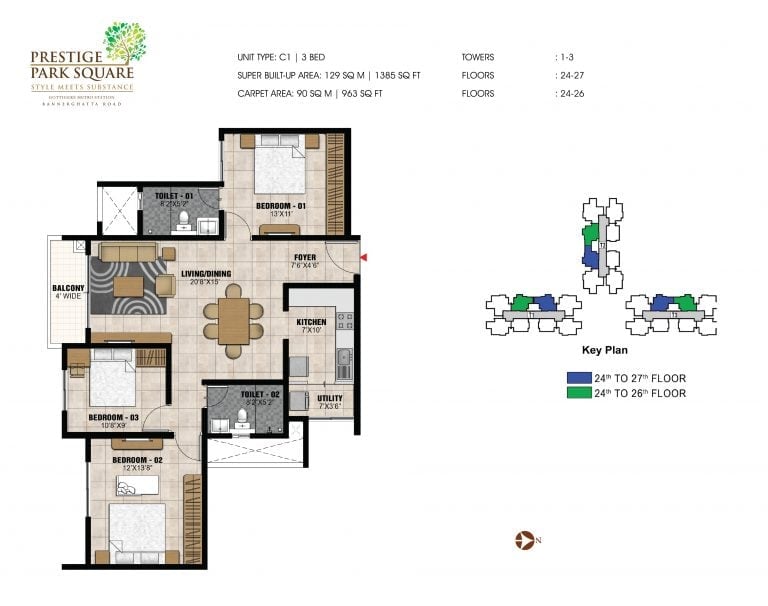 Prestige Park Square Floor Plan 3 BHK Type C1