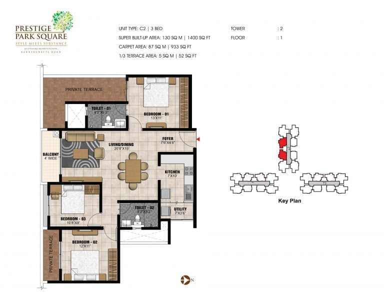 Prestige Park Square Floor Plan 3 BHK Type C2