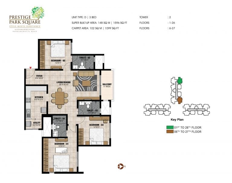 Prestige Park Square Floor Plan 3 BHK Type D