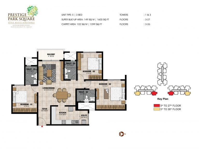 Prestige Park Square Floor Plan 3 BHK Type E
