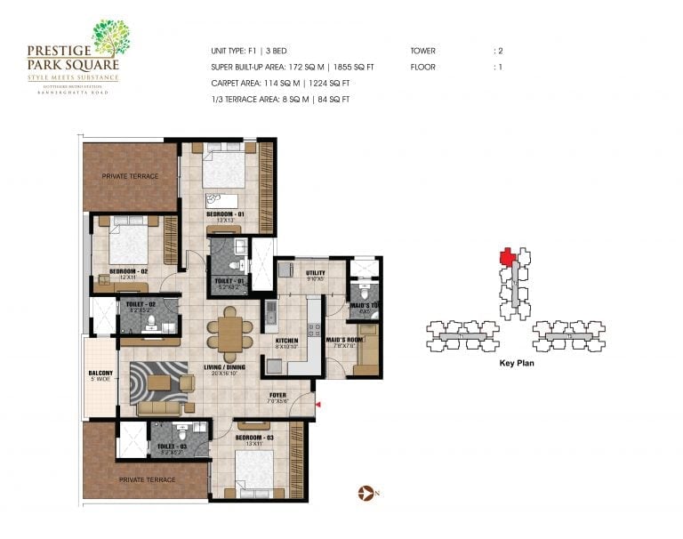 Prestige Park Square Floor Plan 3 BHK Typef1